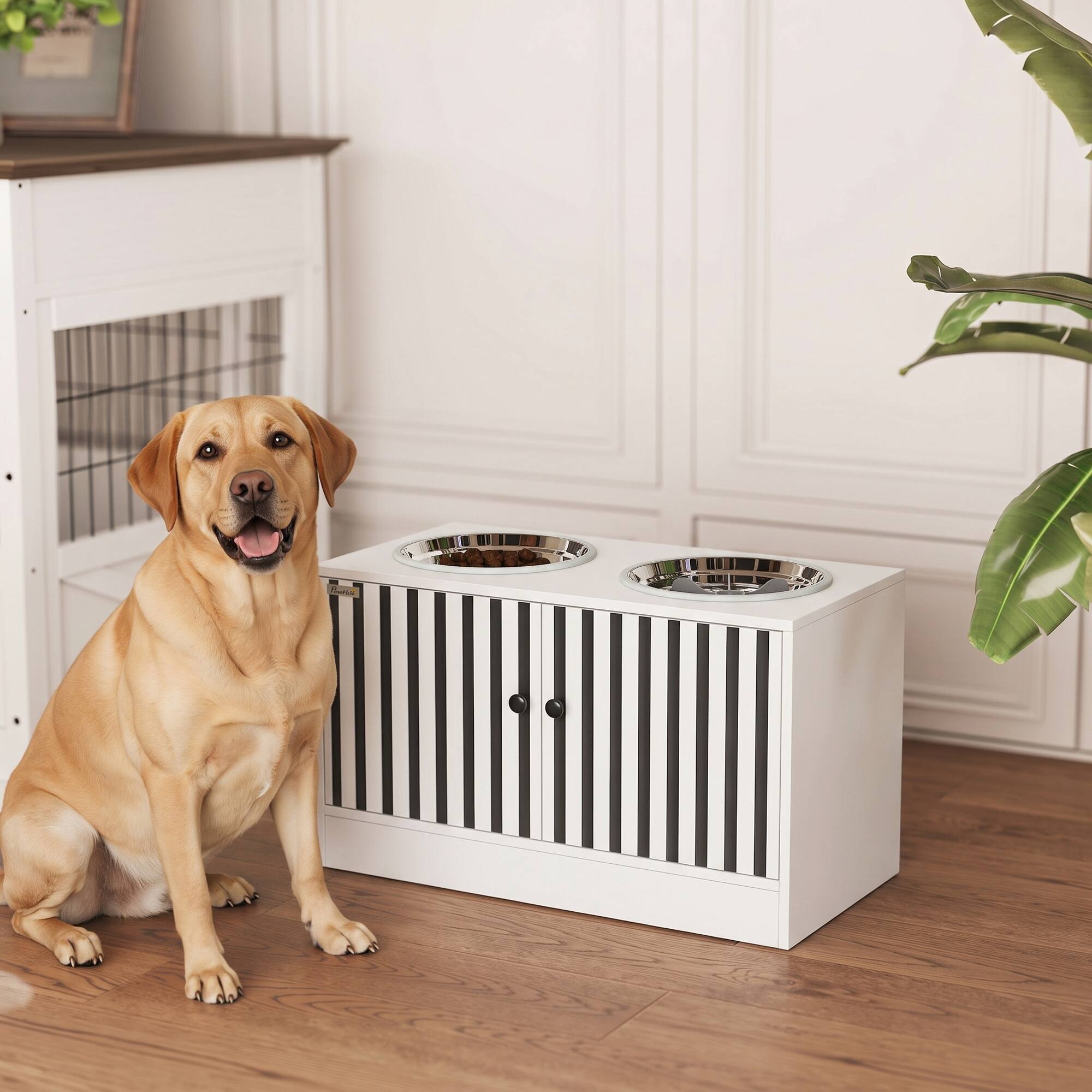 Alt View 1. Pawhut - Dog Bowls with Storage Cabinet, 2 Stainless Steel Bowls, Slow Feeder - White.