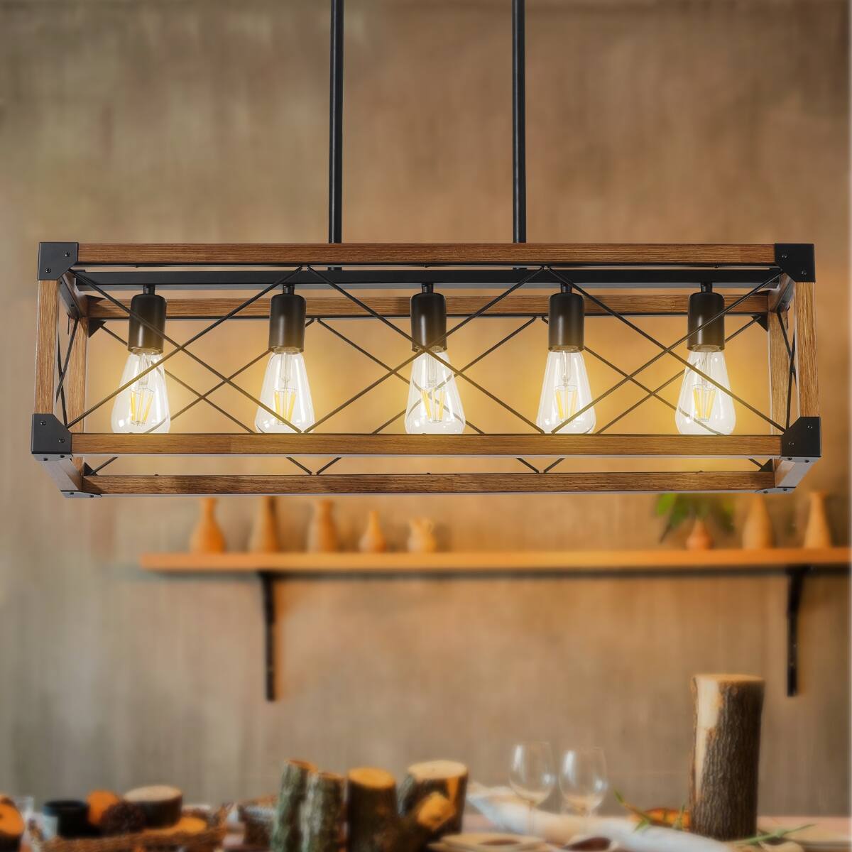 Left. Loheer - Loheer 5 Light Farmhouse Pendant Chandelier, 32 Inch Walnut Wood Frame for Kitchen Island.