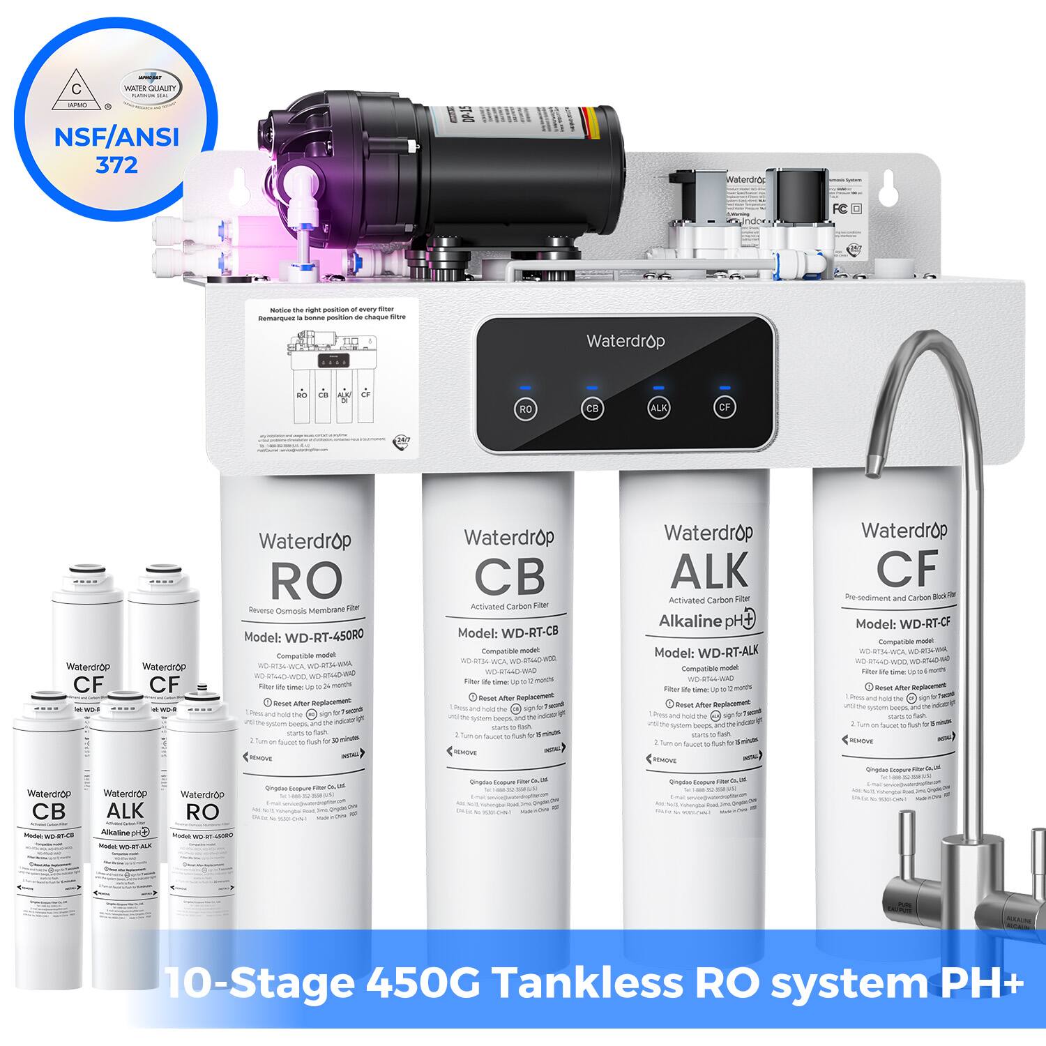 Waterdrop - WD-T4 5-stage Activated carbon Reverse Osmosis Filtration Under Sink Extra CF-2+CB+ALK+RO Filters - White