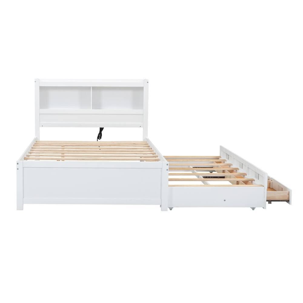Alt View 7. Loheer - Loheer Full Size Platform Bed with Trundle, Storage Drawers and USB Ports, White Captains Bed with Bookcase Headboard - White.