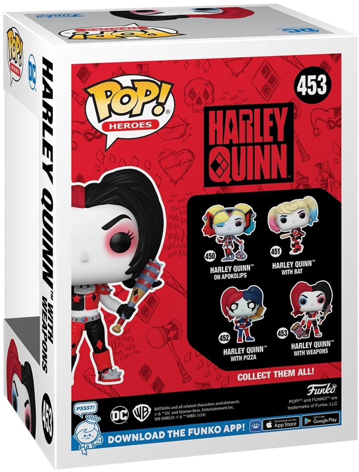 POP! HEROES, HARLEY QUINN, 453, 451, 450, 452, 453, COLLECT THEM ALL!, Funko, FUNKO, POP!, DC, WB, PSSST!, BATMAN, Warner Bros. Entertainment Inc., WBEL, (S24), SHIELD, DOWNLOAD THE FUNKO APP!, App Store, Google Play