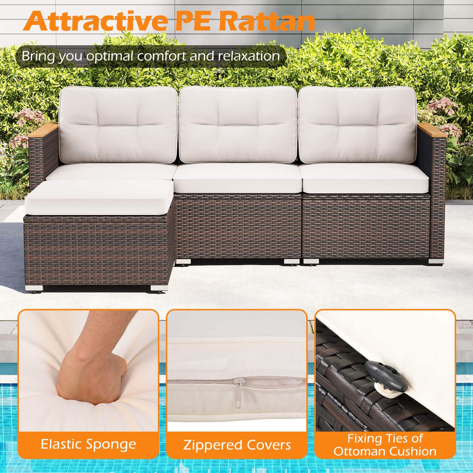 Attractive PE Rattan, Bring you optimal comfort and relaxation, Elastic Sponge, Zippered Covers, Fixing Ties of Ottoman Cushion