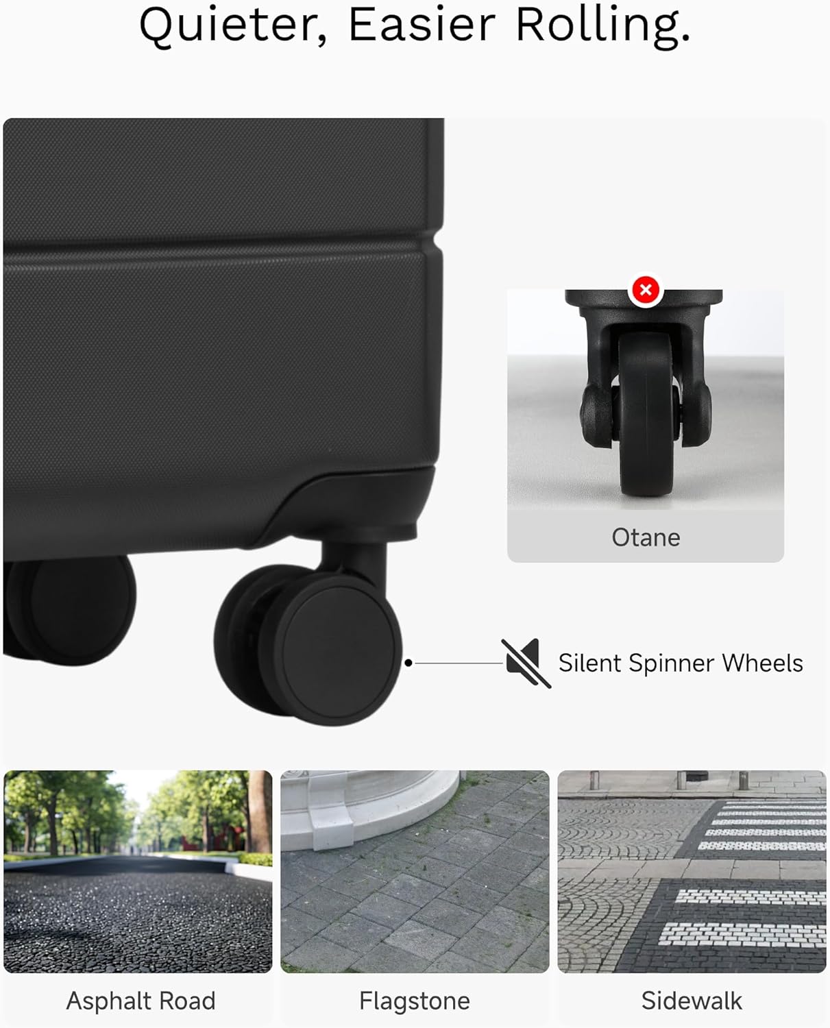 Quieter, Easier Rolling.

Otane Silent Spinner Wheels

Asphalt Road  
Flagstone  
Sidewalk
