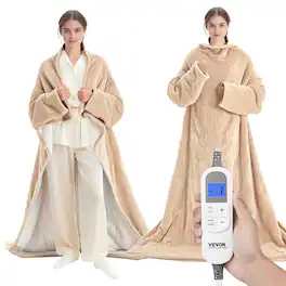 VEVOR - Wearable Electric Heated Throw Blanket with Foot Pocket & Sleeves, Portable Robe Snuggie Blankets for Women - Beige