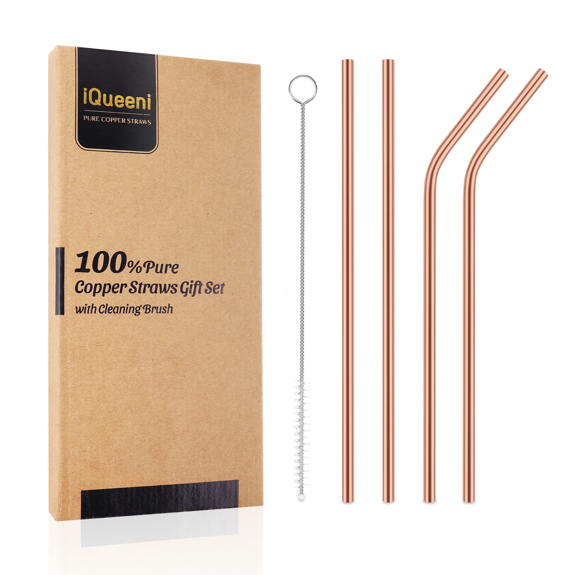 iQueeni PURE COPPER STRAWS 100% Pure Copper Straws Gift Set with Cleaning Brush