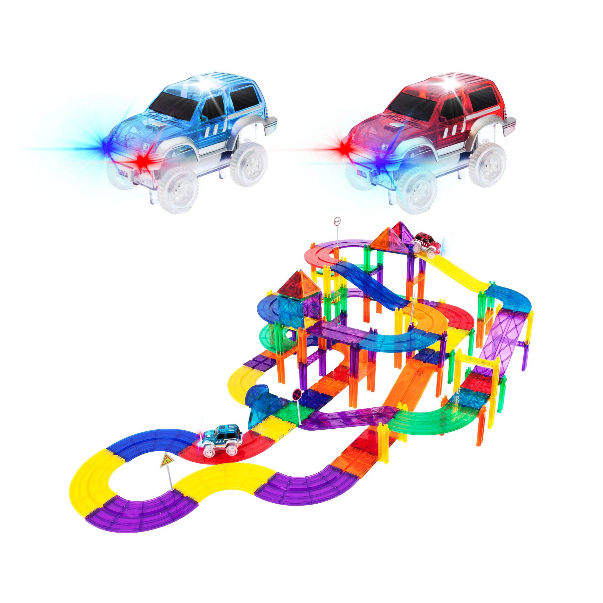 PicassoTiles - PICASSO-TILES Race Track Magnetic Tiles for Kids, 100PCS with 2 Racing Cars, STEM Building Blocks Educational Toy - Multicolor