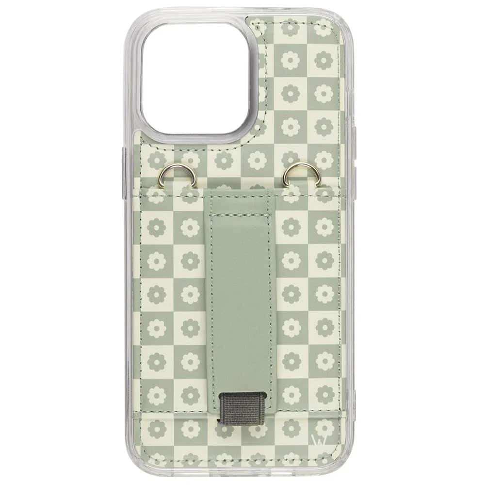 Walli Cases - iPhone 12 Pro Purse Phone Case with Wallet and Finger Strap - Blooming Check