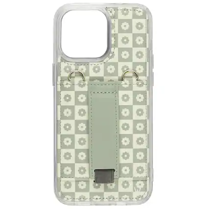 Front. Walli Cases - Walli Cases iPhone 13 Pro Purse Phone Case with Wallet and Finger Strap - Blooming Check - Blooming Check.