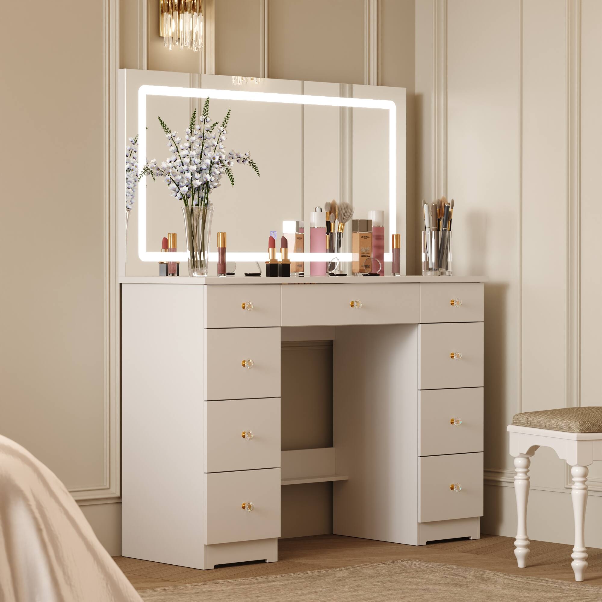 Left. Famapy - Large  3 - Color Lighting LED Vanity Desk with Oversized Illuminated Mirror Ample Storage Drawers & Crystal Knobs - White.
