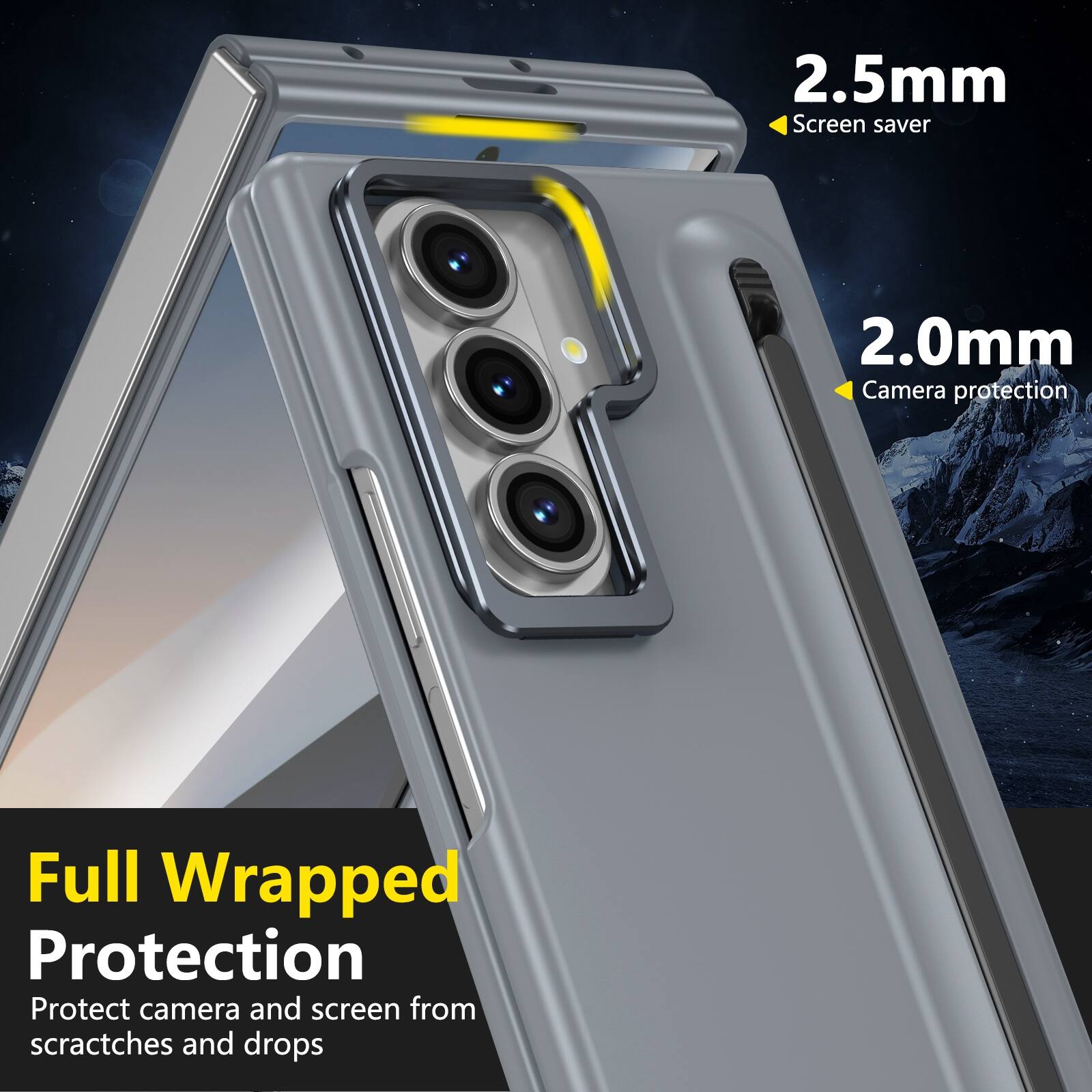 2.5mm Screen saver  
2.0mm Camera protection  
Full Wrapped Protection  
Protect camera and screen from scratches and drops