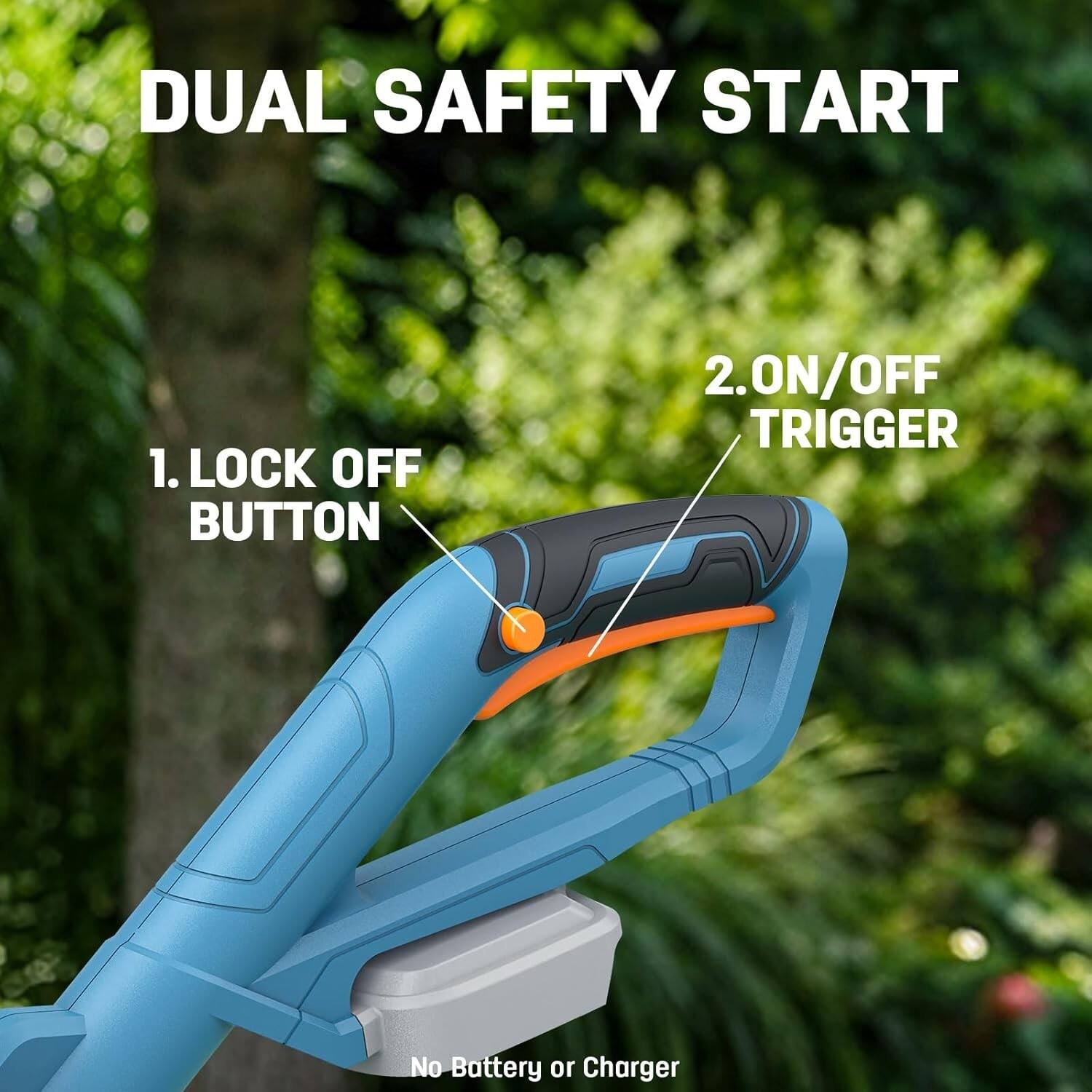 DUAL SAFETY START

1. LOCK OFF BUTTON
2. ON/OFF TRIGGER

No Battery or Charger