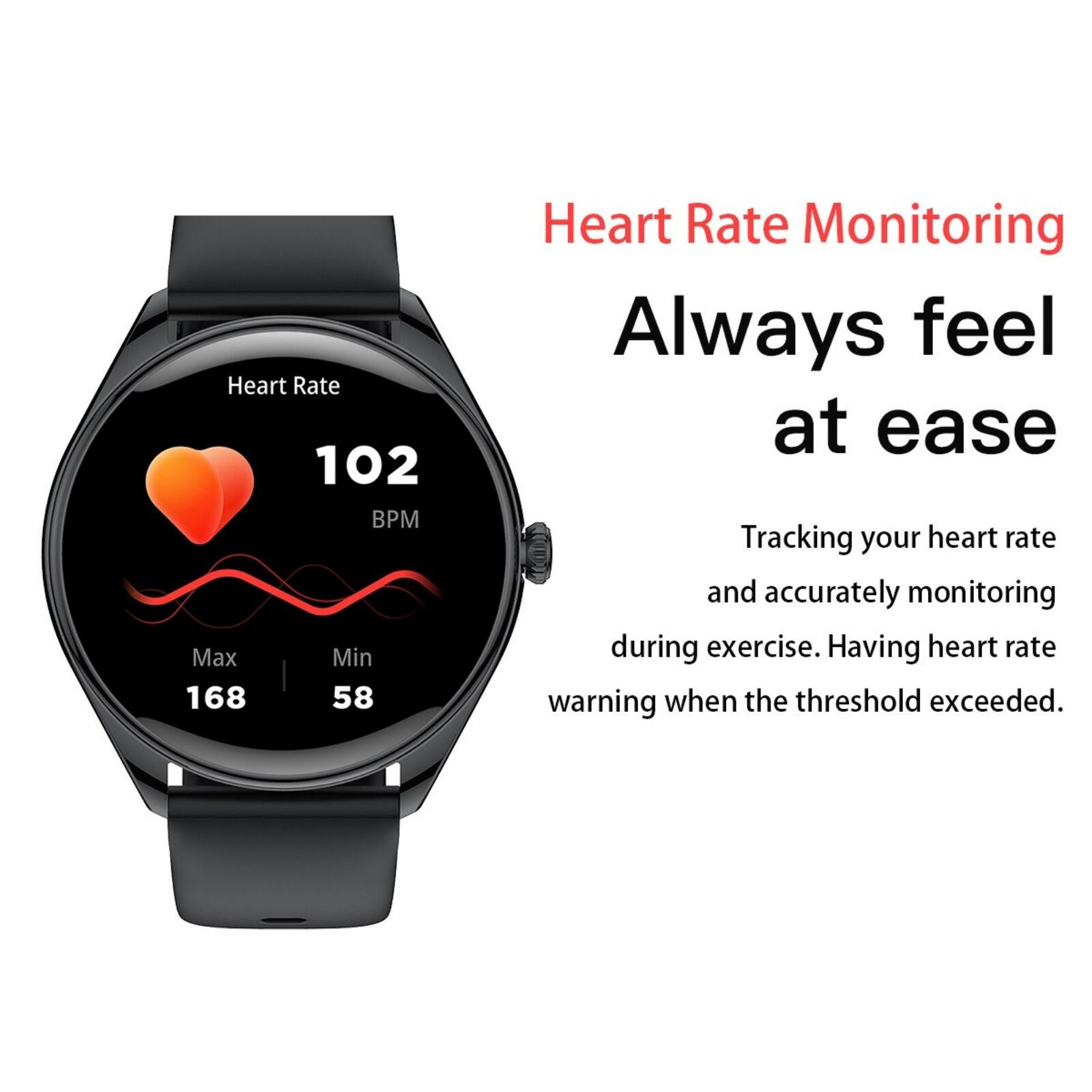 Heart Rate Monitoring  
Always feel at ease  

Tracking your heart rate and accurately monitoring during exercise. Having heart rate warning when the threshold exceeded.  

Heart Rate  
102 BPM  
Max 168  
Min 58