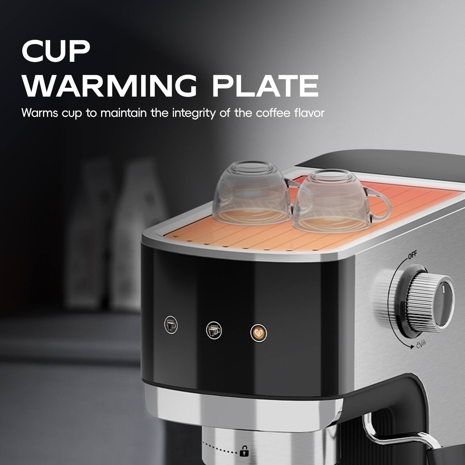 CUP WARMING PLATE Warms cup to maintain the integrity of the coffee flavor OFF CVi
