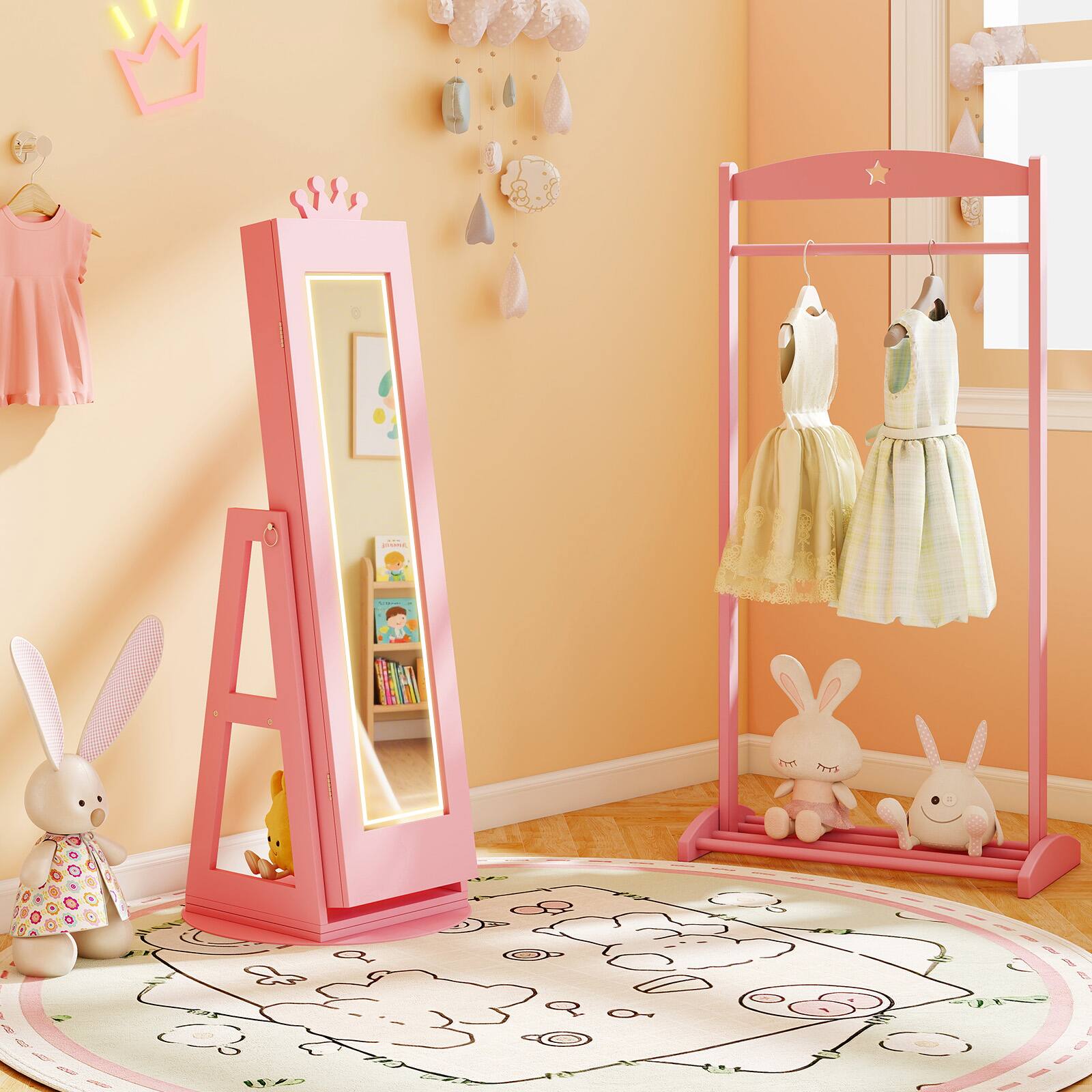 Alt View 3. Gymax - Gymax Swivel Kids Jewelry Cabinet w/ Lights Full-Length Mirror & Built-in Mirror Pink - Pink.