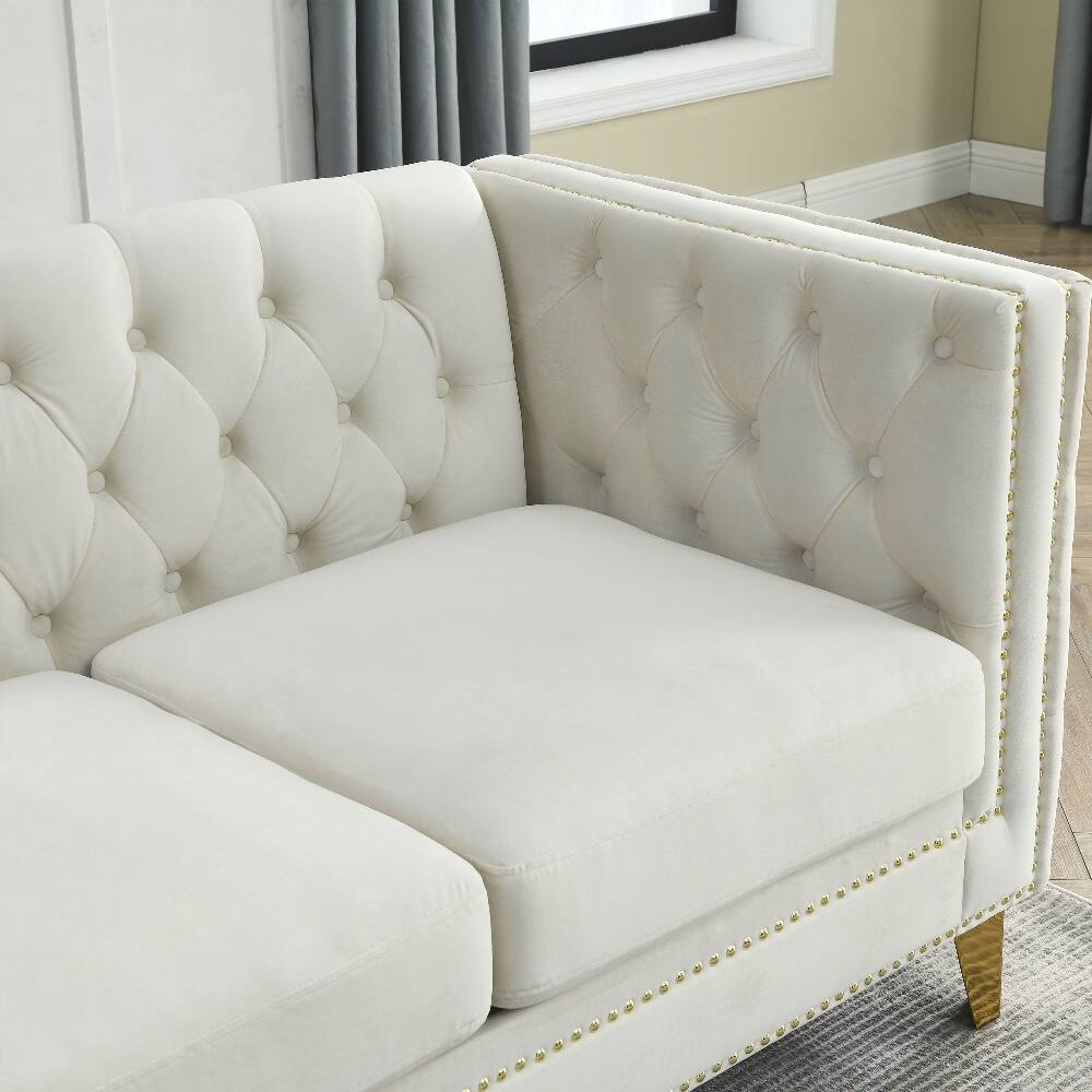 Alt View 2. Loheer - Loheer Beige Velvet Sofa, 3-Seat Chesterfield Couch with Button Tufted Square Arms and Metal Legs for Modern Living Room - Beige.