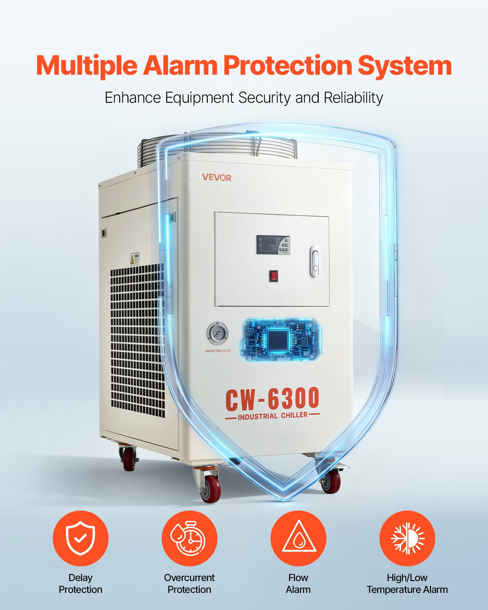 Multiple Alarm Protection System  
Enhance Equipment Security and Reliability  

VEVOR  
CW-6300 INDUSTRIAL CHILLER  

- Delay Protection  
- Overcurrent Protection  
- Flow Alarm  
- High/Low Temperature Alarm