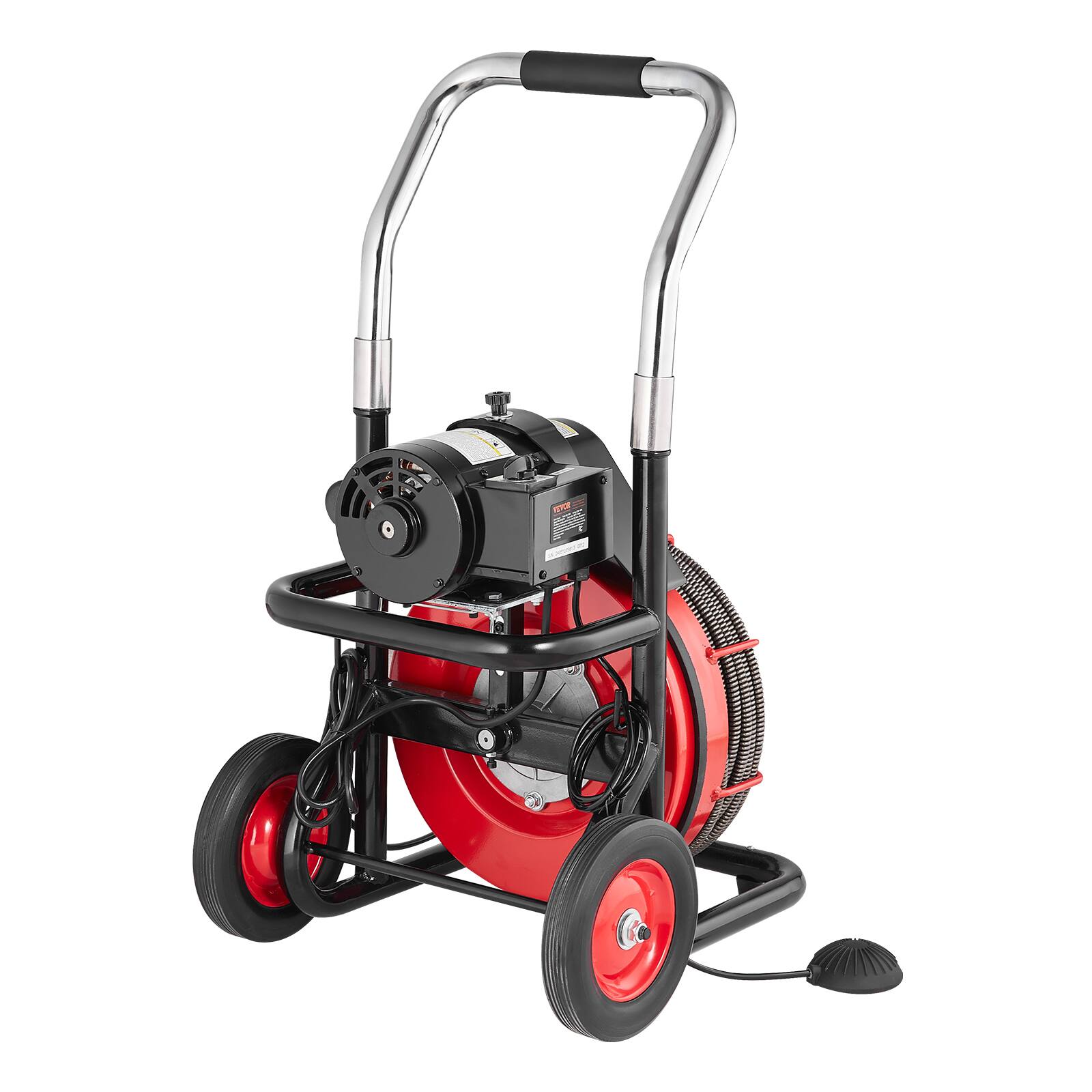 Alt View 5. VEVOR - Drain Cleaner Machine 100FT x 1/2 Inch, Auto Feed Sewer Snake Auger on Wheels, 550W,Switch for 2" to 4" Pipes - Red.