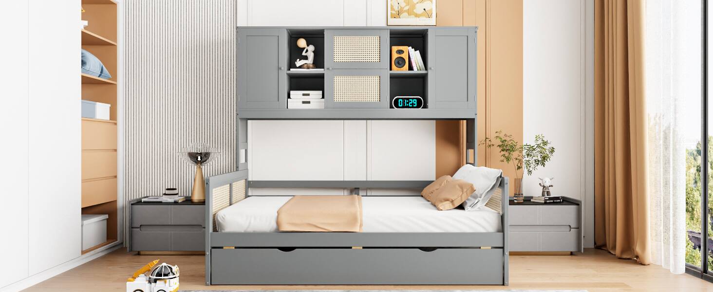 Alt View 1. Tiramisubest - Full Size Wooden Daybed With Twin Size Trundle, and All-in-One Cabinet and Shelf, Gray - Gray.