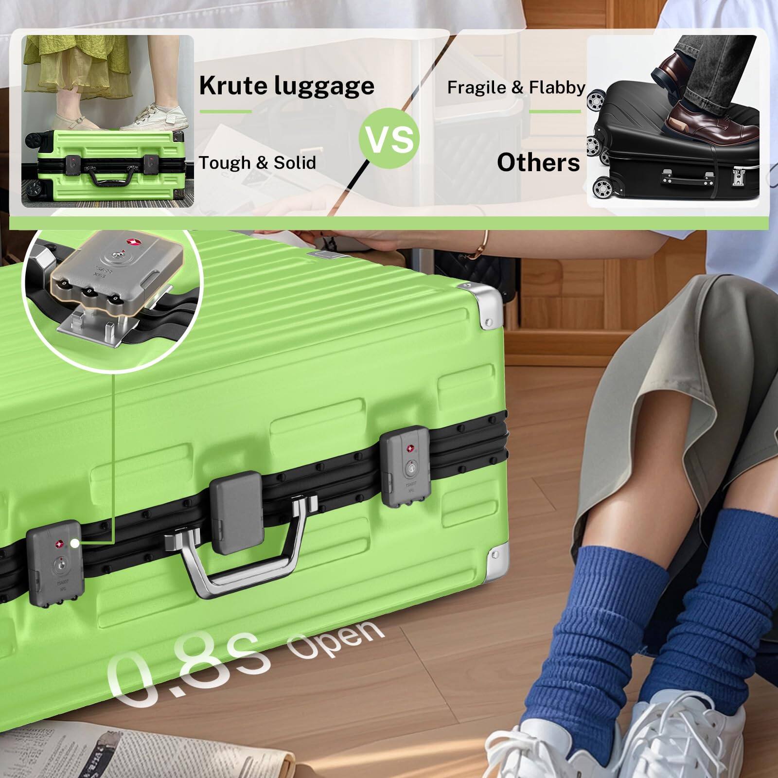 Krute luggage  
Tough & Solid  
VS  
Others  
Fragile & Flabby  

0.8s Open
