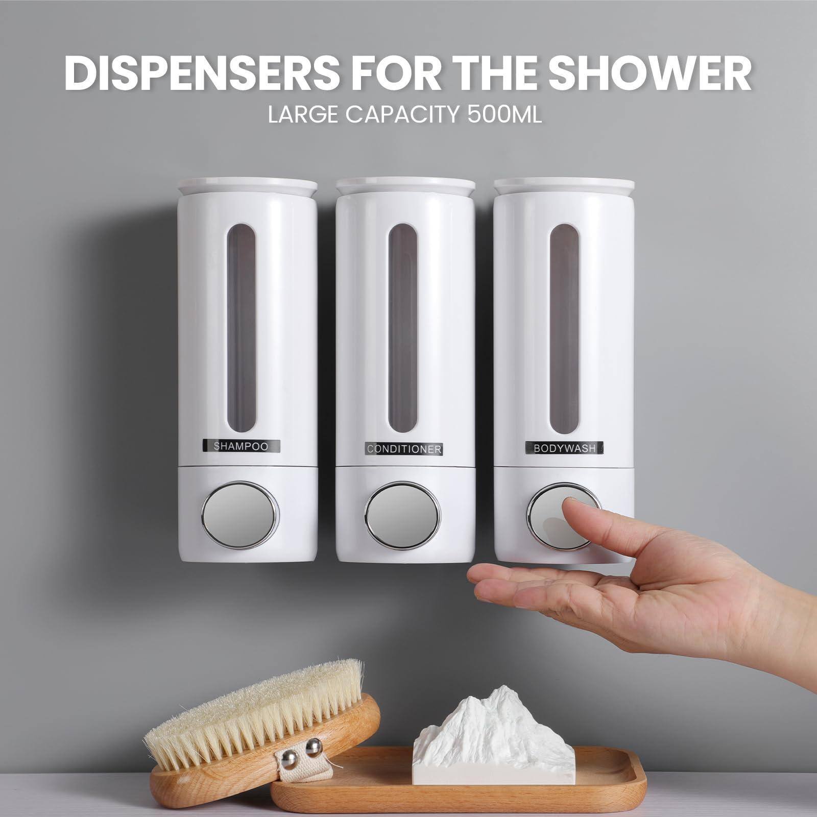 DISPENSERS FOR THE SHOWER  
LARGE CAPACITY 500ML  

SHAMPOO  
CONDITIONER  
BODYWASH