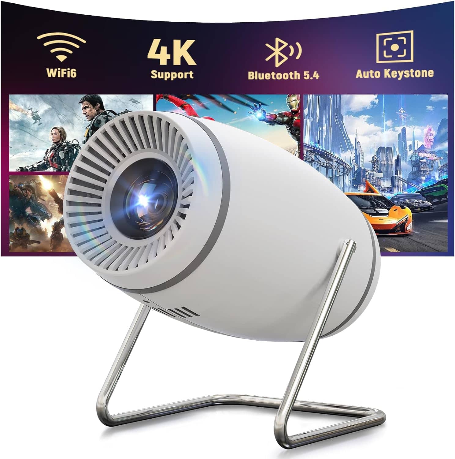 URAO - Mini Projector with WiFi and Bluetooth, 4K 1080P Support Portable Projector 180° Rotatable 130'' Screen - White