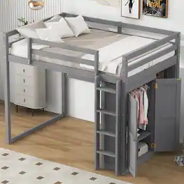 Whisen - Full Size Loft Bed with Built-in Wardrobe, Storage Shelves and LED Light, Wood Frame - Gray
