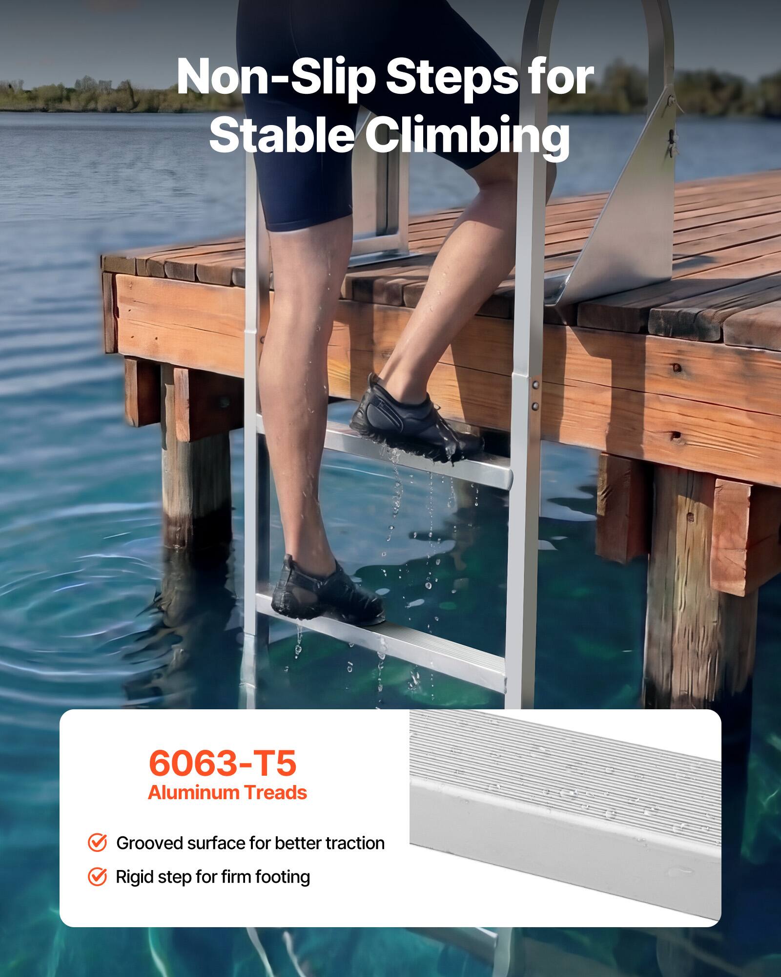 Non-Slip Steps for Stable Climbing

6063-T5 Aluminum Treads
- Grooved surface for better traction
- Rigid step for firm footing