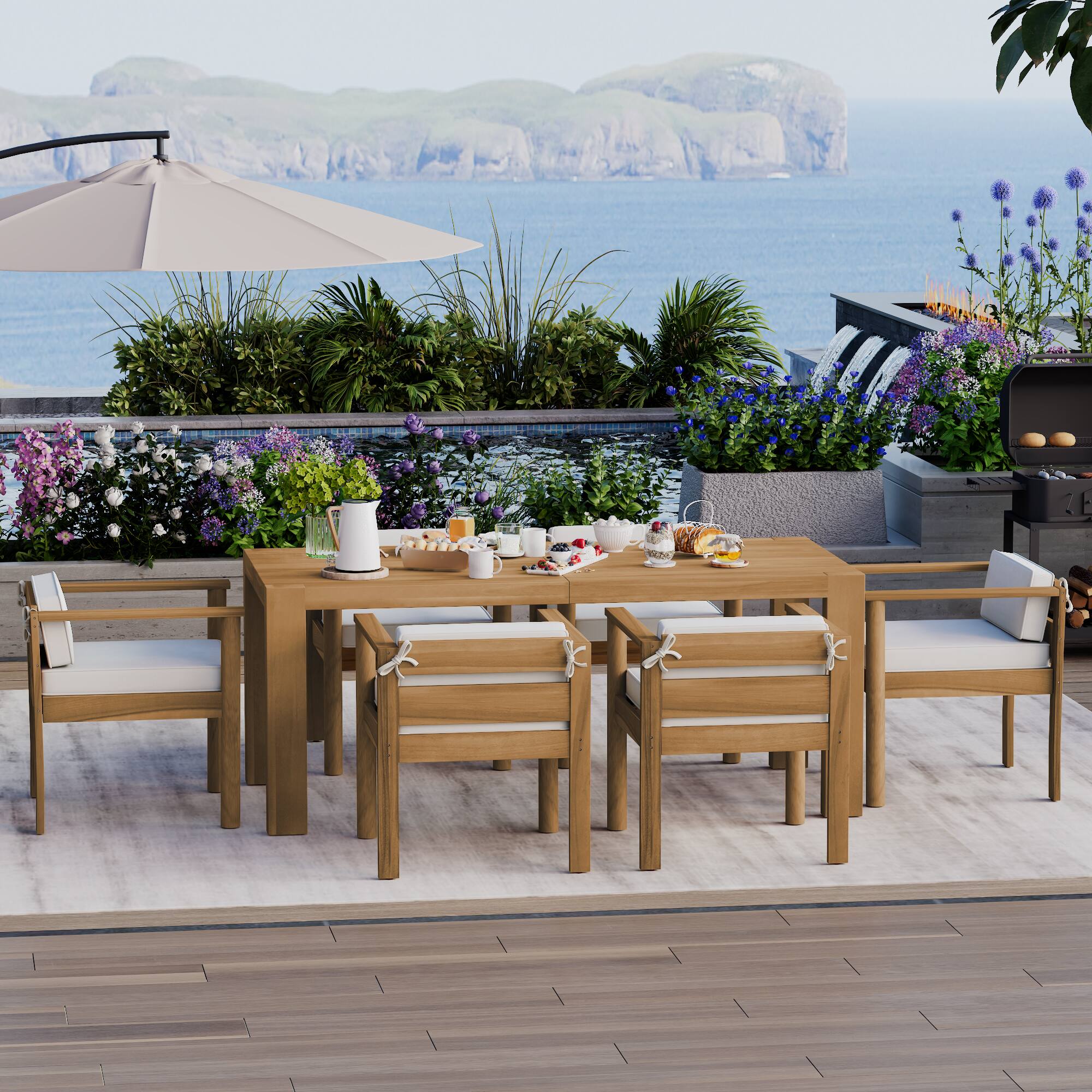 Alt View 3. Loheer - 7-Piece Acacia Wood Patio Dining Set, All-Weather Furniture for 6 with Umbrella Hole & Washable Cushions - Light Teak.