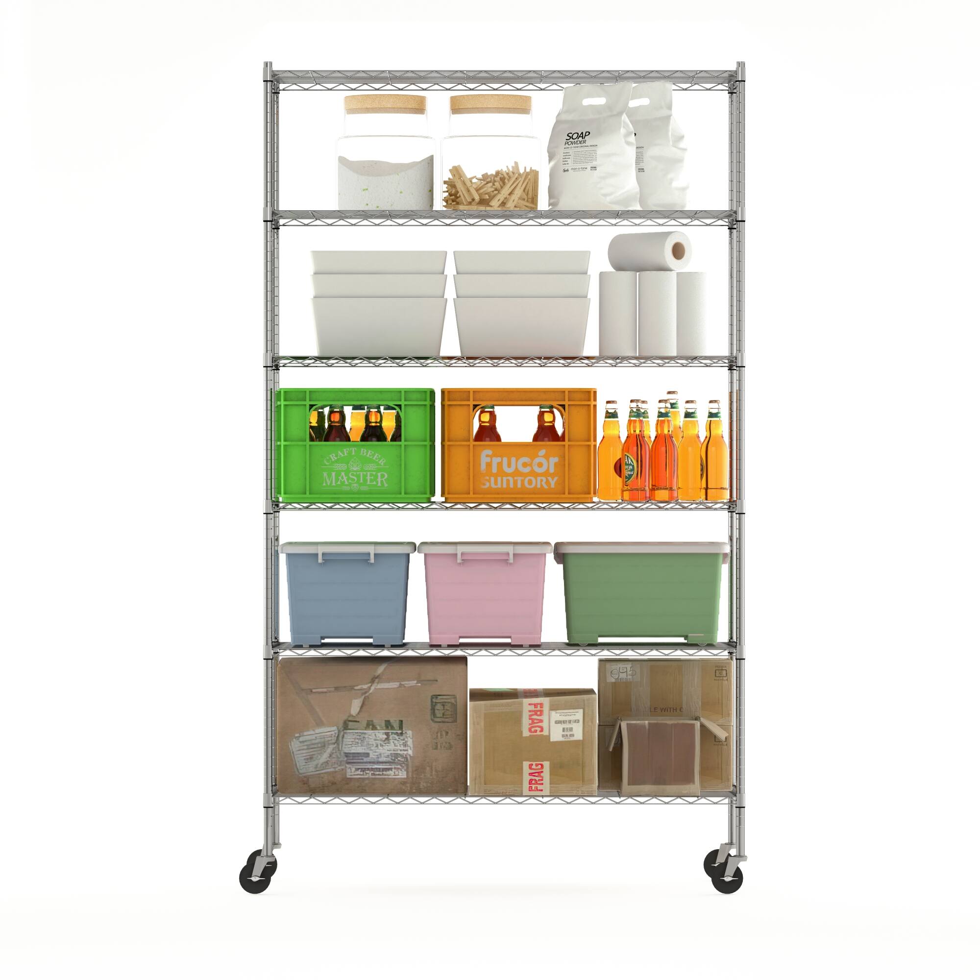 Sure, here is the corrected and grouped text from the image:

1. **Top Shelf:**
   - SOAP

2. **Second Shelf:**
   - CRAFT BEER
   - MASTER

3. **Third Shelf:**
   - Frucor
   - Suntory

4. **Fourth Shelf:**
   - FRAG
   - FRAG

5. **Bottom Shelf:**
   - FRAG
   - LE WITCH