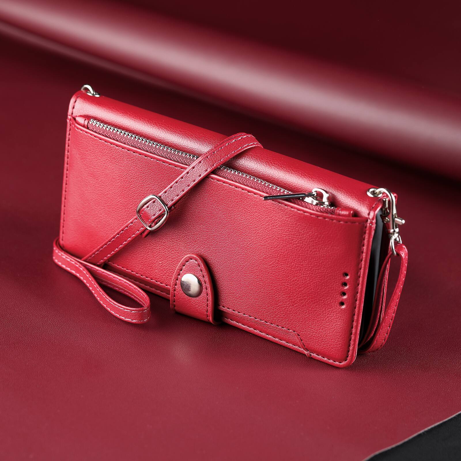 Left. Dteck - Wallet Case for Samsung Galaxy A16 5G Crossbody Premium Leather Flip Kickstand Zipper Card Slot Cover With Strap+Lanyard - Red.