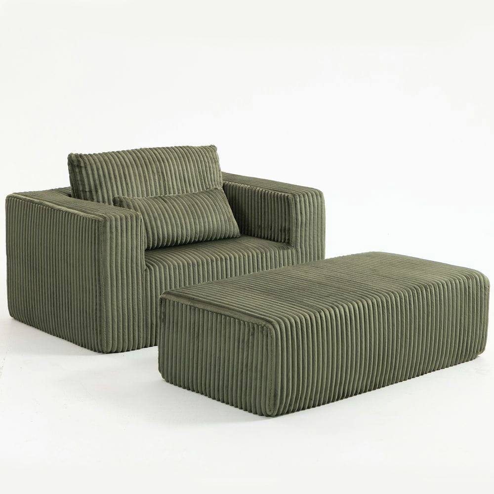 Back. Kadyn - Oversized All-Foam Corduroy Lounge Chair with Ottoman, Modular Floor Couch, Compressed & Easy Assembly - Green.