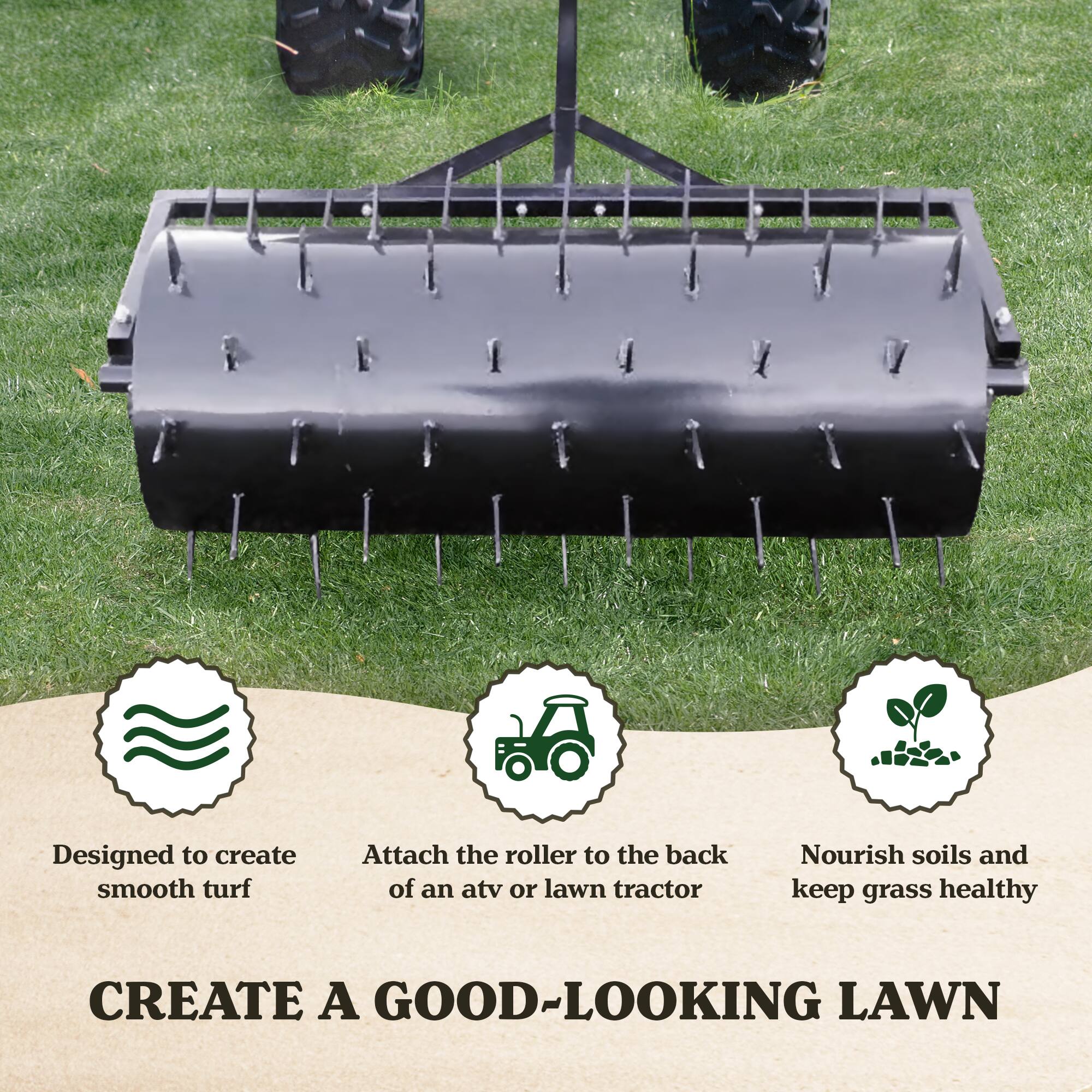 Designed to create smooth turf  
Attach the roller to the back of an ATV or lawn tractor  
Nourish soils and keep grass healthy  

CREATE A GOOD-LOOKING LAWN