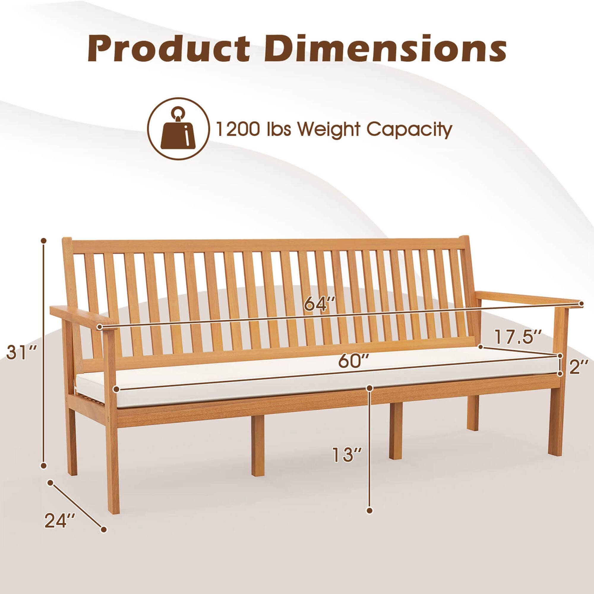 Product Dimensions: 1200 lbs Weight Capacity

Length: 64"
Width: 60"
Height: 31"
Depth: 17.5"
Thickness: 2"
Seat Height: 13"
Leg Height: 24"