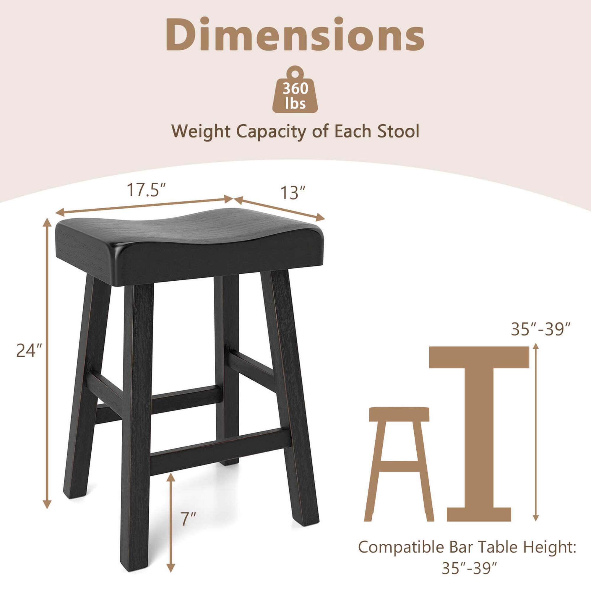 Dimensions: 360 lbs weight capacity of each stool, 17.5" height, 13" width, 24" depth, 7" seat height. Compatible with TA bar table height of 35"-39".