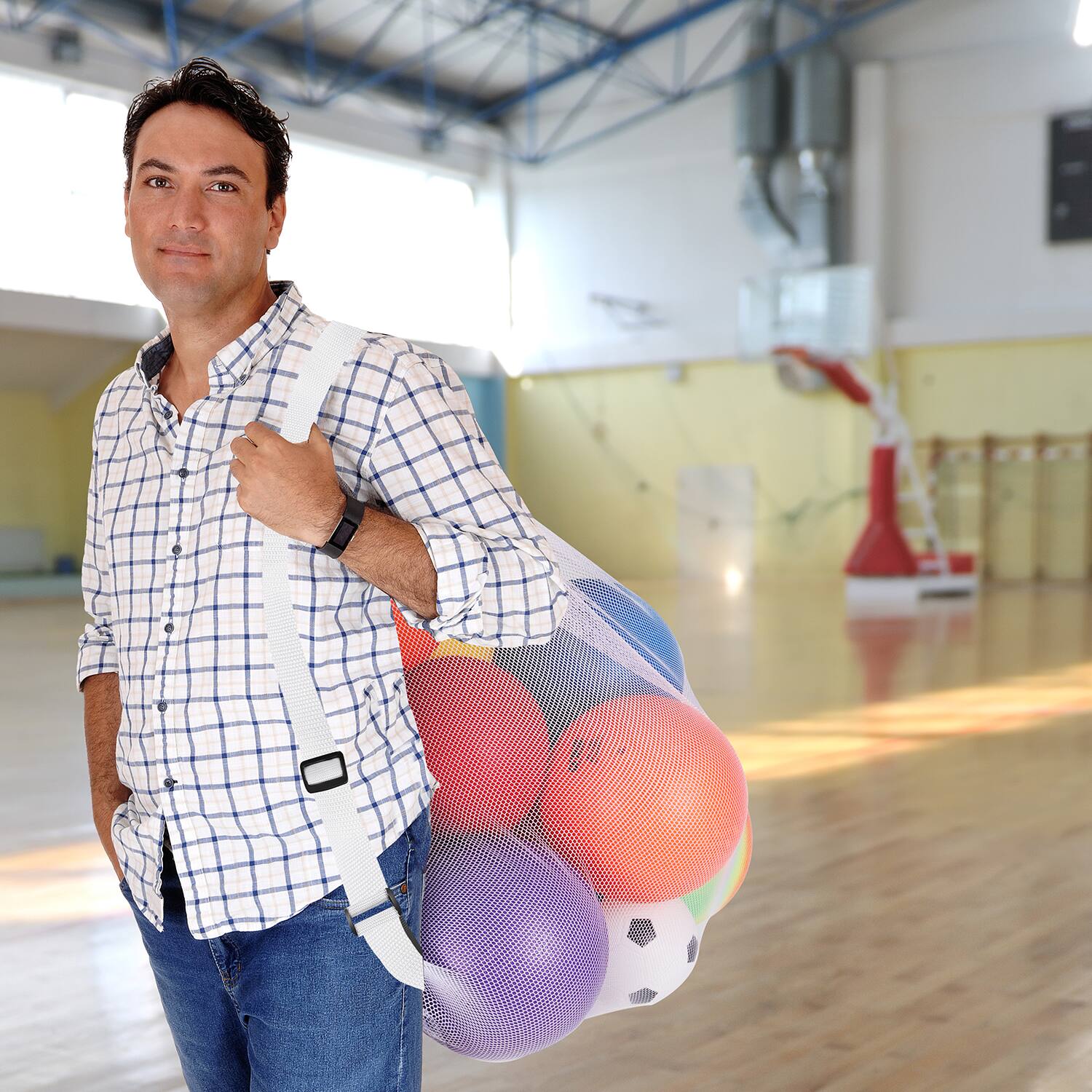 Alt View 1. GSE Games & Sports Expert - 30" x 40" Extra-Large Mesh Sports Ball Drawstring Bag with Adjustable Shoulder Strap(White,6-Pack) - white.