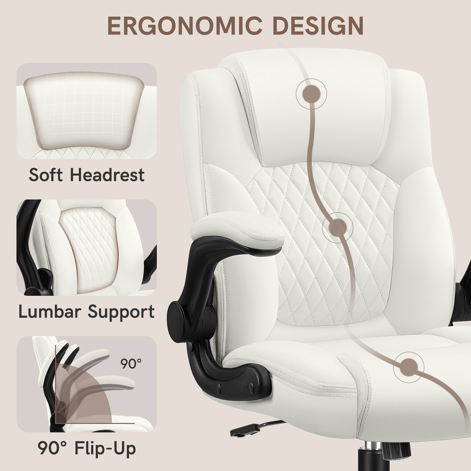Ergonomic Design: Soft Headrest, Lumbar Support, 90° Flip-Up.