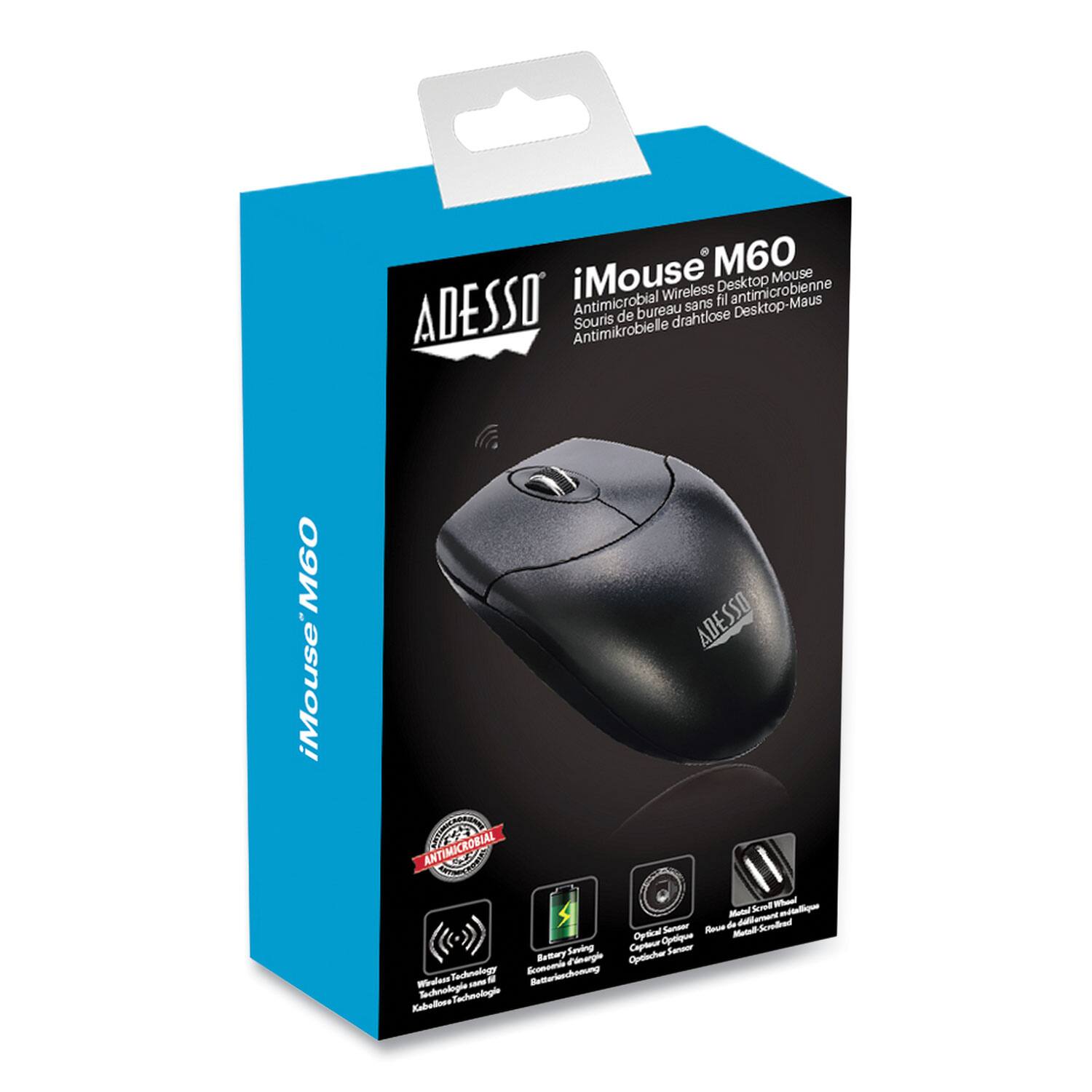iMouse M60 Mouse Wireless Desktop antimicrobienne Antimicrobial sans fil Desktop-Maus ADESSO Antimikrobielle Souris de bureau drahtlose iMouseM60 ADESSO ANTIMICROBIAL CoA Sol - Metel apiliation de datle Sma Oytial - Mem - Captonr lpn Britary Seving S Pnorgl peischar Tachnoogy Ecoa Betteriardomung Mralers - - Sndnologie Tachnologie Kabolloes