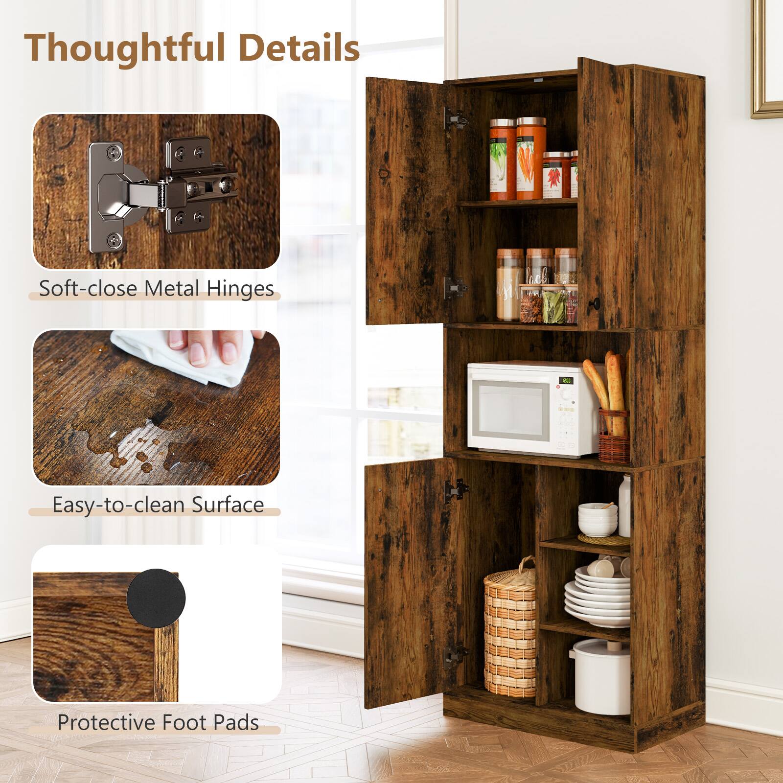 Thoughtful Details: Soft-close Metal Hinges, Easy-to-clean Surface, Protective Foot Pads