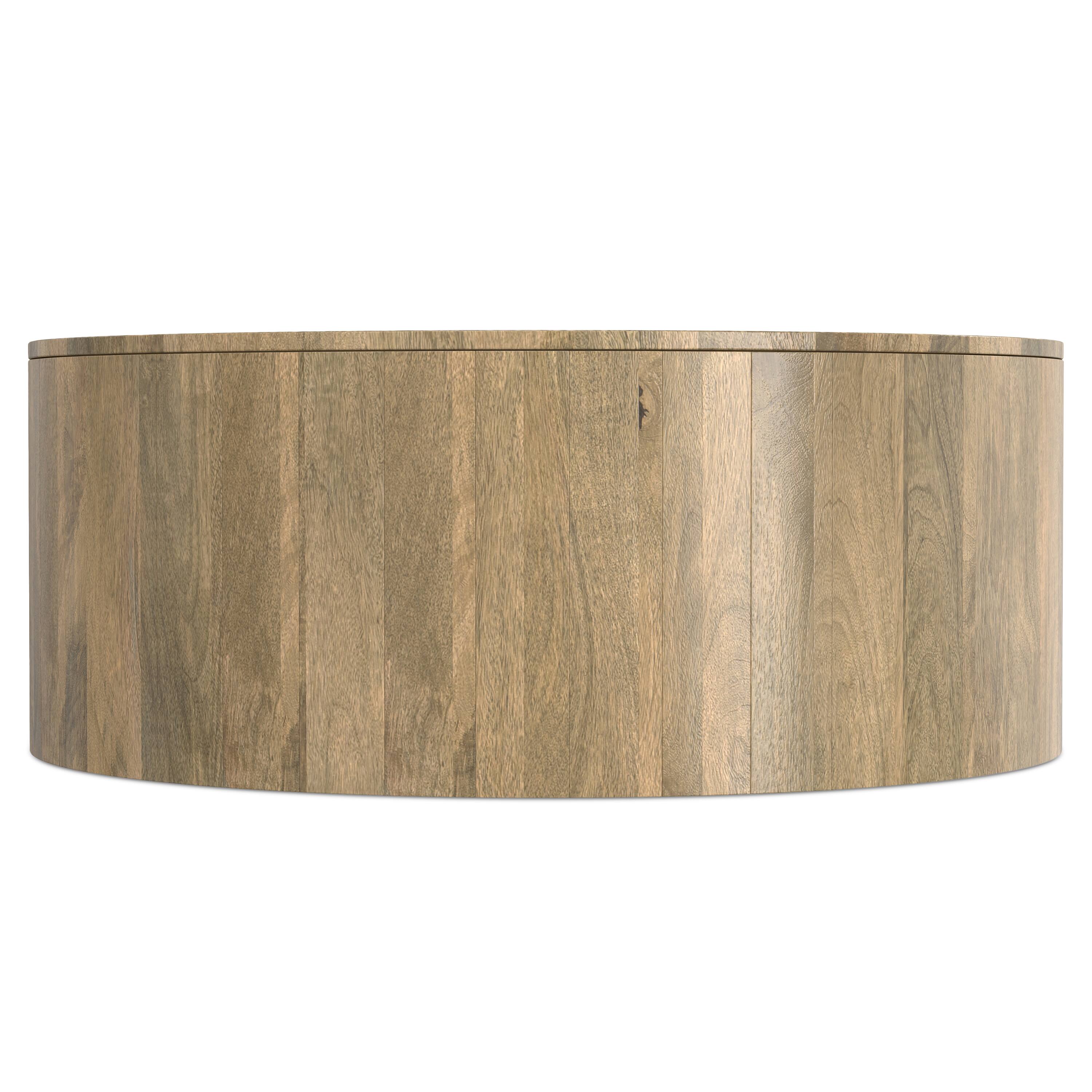 Left. Simpli Home - Millbury SOLID MANGO WOOD 36 inch Wide Round Contemporary Drum Coffee Table in Briarsmoke, Fully Assembled - Briarsmoke.
