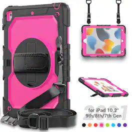 UUCOVER - Full Body Case for iPad 9th 8th 7th Gen 10.2-inch Shockproof Built-in Screen Protector Stand Hand/Shoulder Strap Cover - Rose+Black