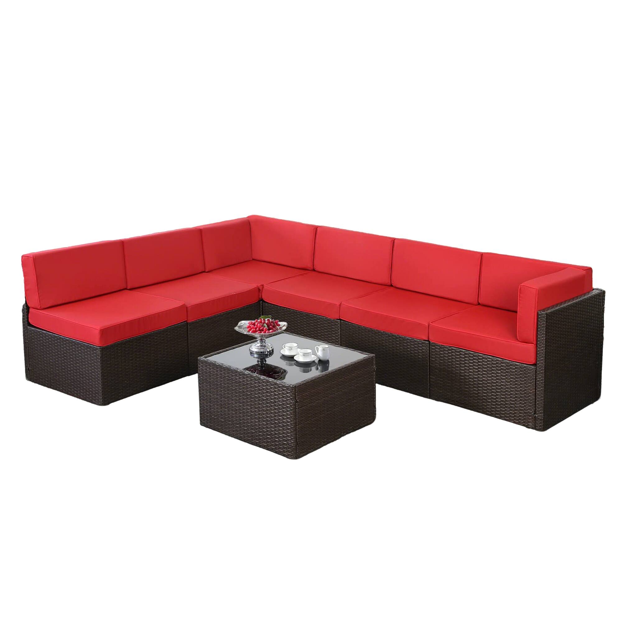 Back. Mondawe - 7-Piece Rattan Sofa Set with Polyester Cushions - Brown+Red.