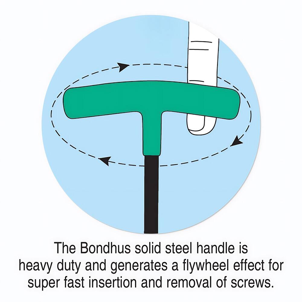 The Bondhus solid steel handle is heavy duty and generates a flywheel effect for super fast insertion and removal of screws.