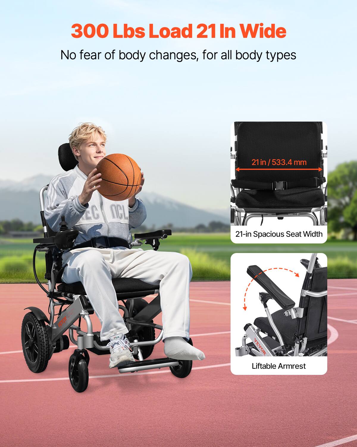 300 Lbs Load 21 In Wide

No fear of body changes, for all body types

21in / 533.4 mm

21-in Spacious Seat Width

Liftable Armrest