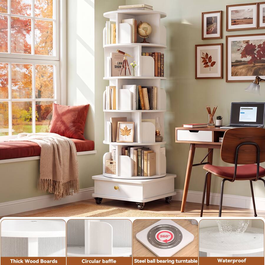 Best Rims Images Aheaplus 6 Tier Rotating Bookshelf: Lockable Wheels & Hidden Drawer ...