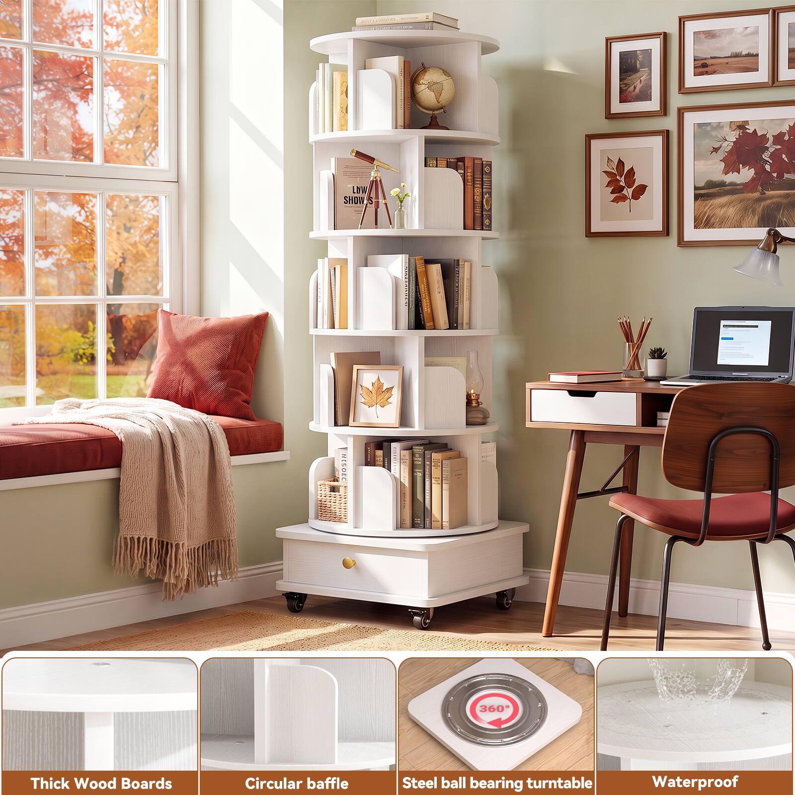 Aheaplus 6 Tier Rotating Bookshelf: Lockable Wheels & Hidden Drawer ...
