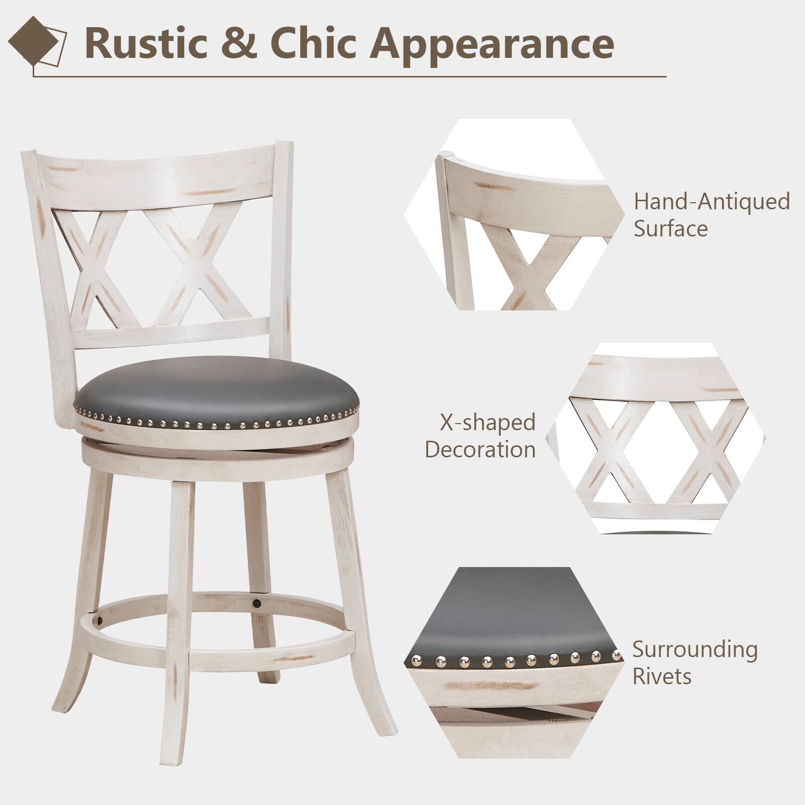 Rustic & Chic Appearance  
Hand-Antiqued Surface  
X-shaped Decoration  
Surrounding Rivets