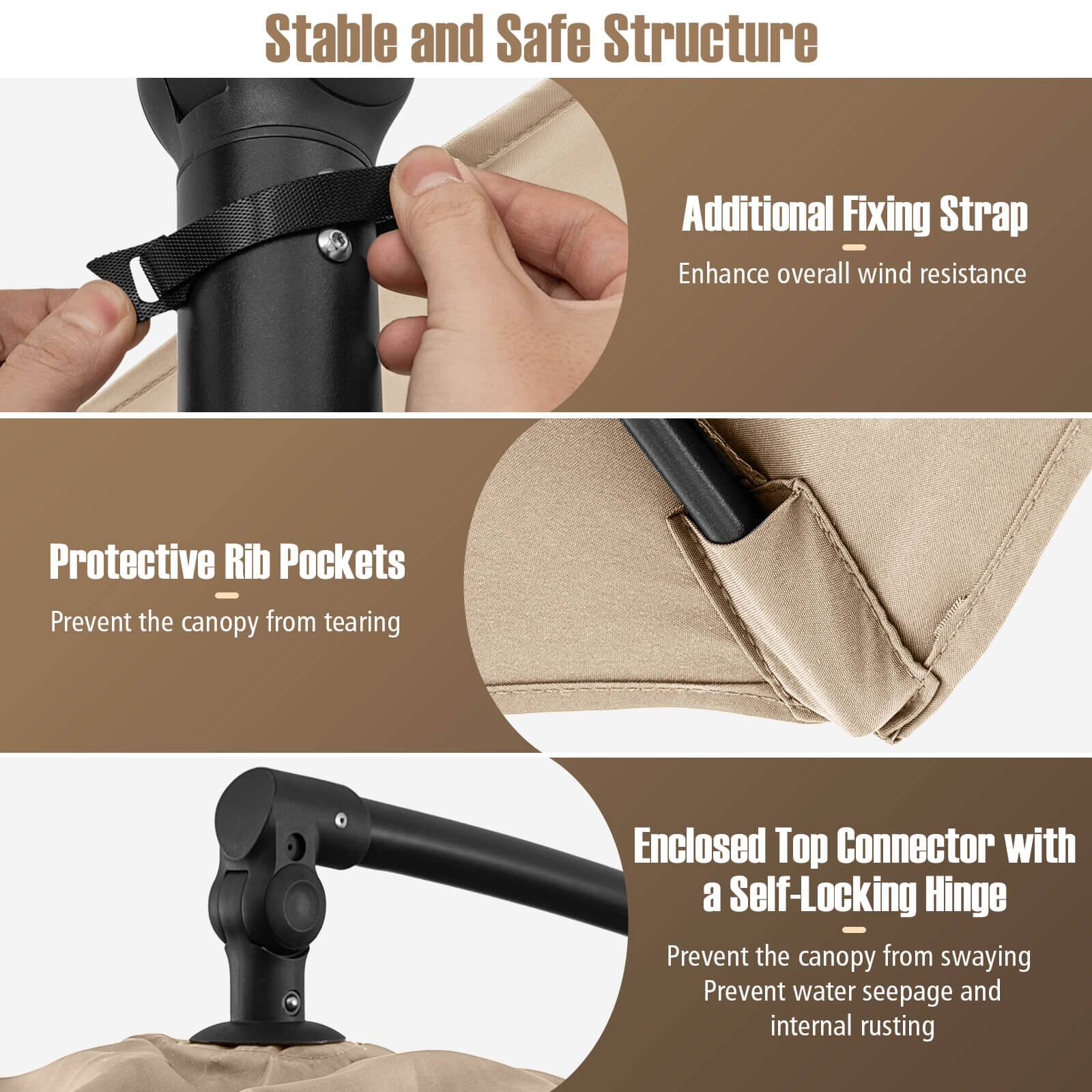 Stable and Safe Structure

Additional Fixing Strap  
Enhance overall wind resistance

Protective Rib Pockets  
Prevent the canopy from tearing

Enclosed Top Connector with a Self-Locking Hinge  
Prevent the canopy from swaying  
Prevent water seepage and internal rusting