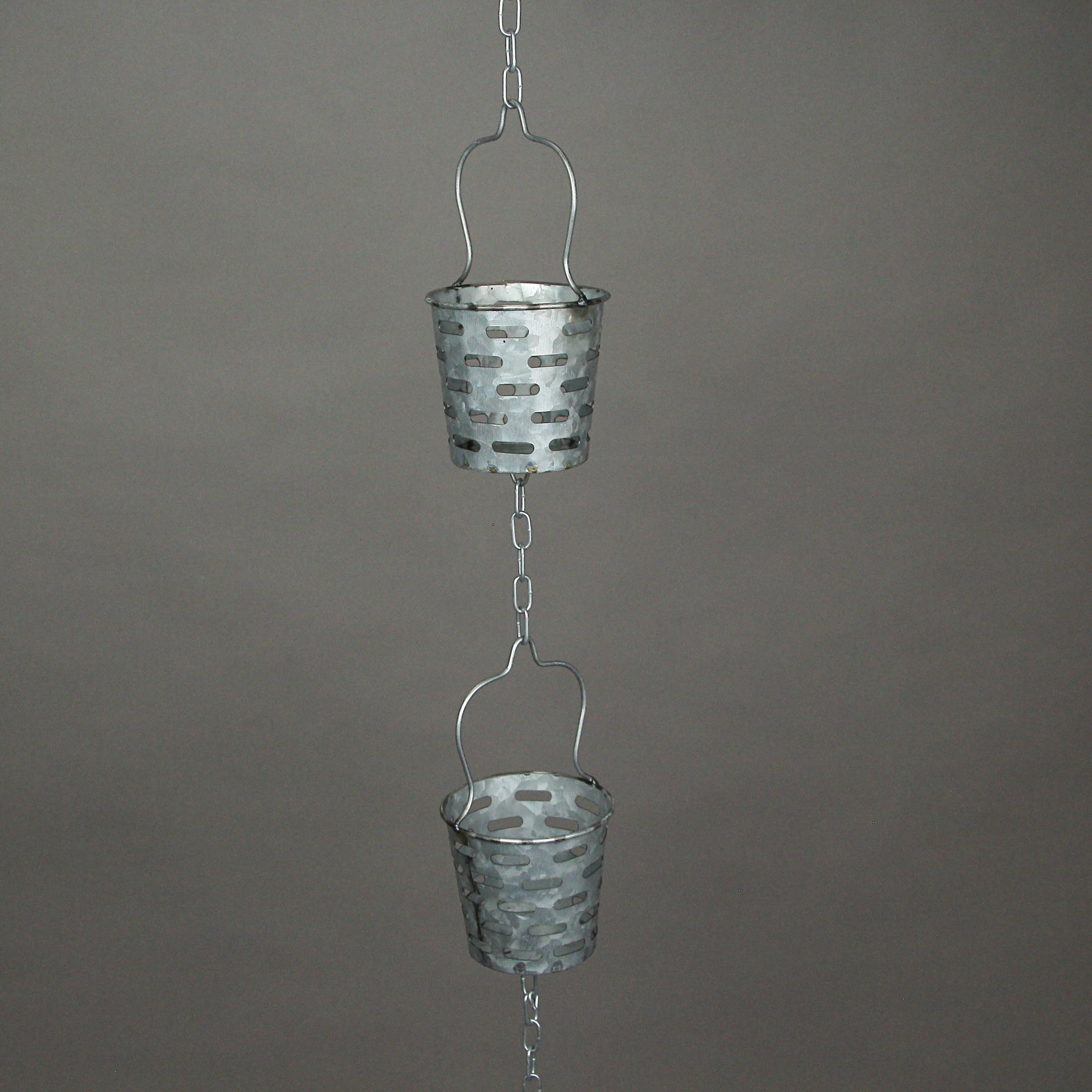 Alt View 5. Zeckos - 74 Inch Galvanized Metal Olive Bucket Rain Chain Gutter Home Downspout Accent - Silver.