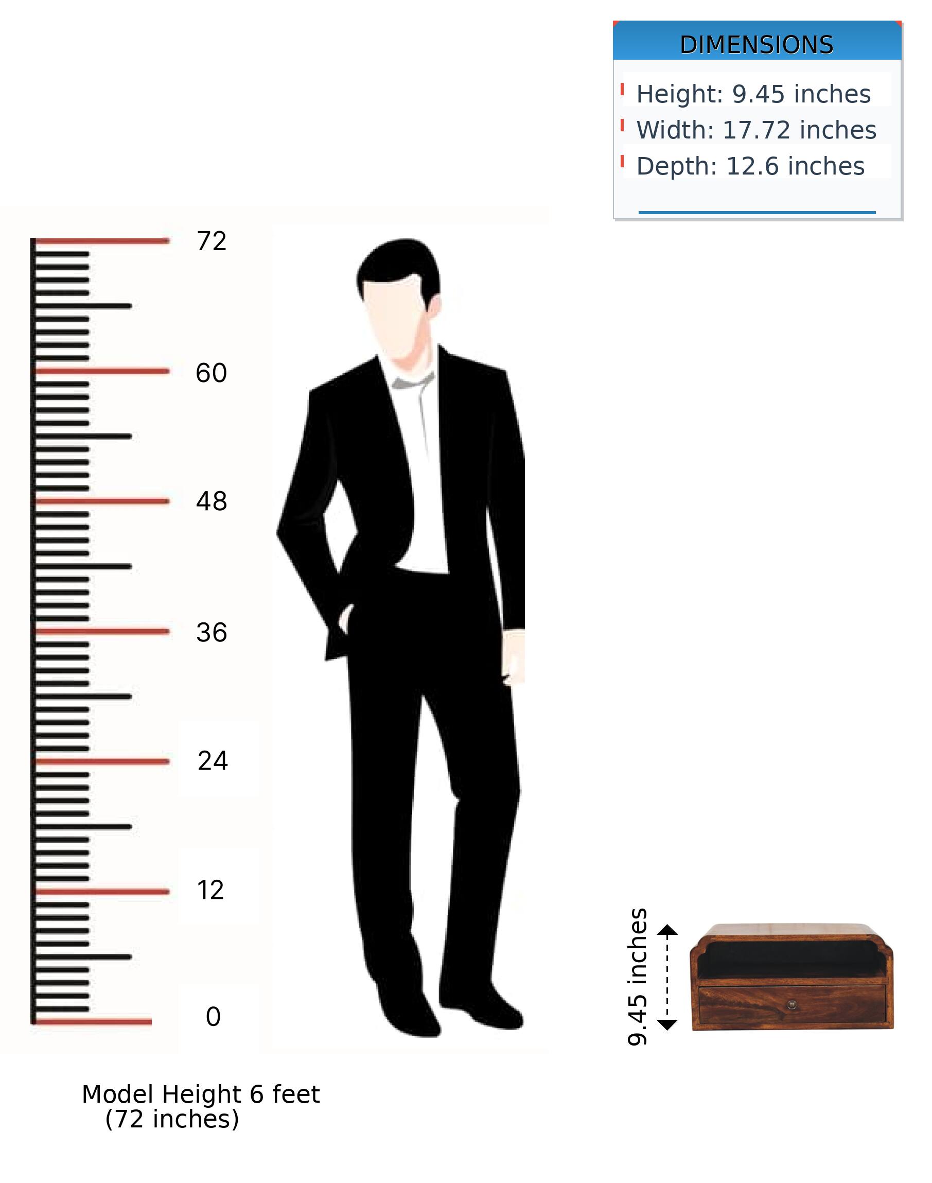 DIMENSIONS  
Height: 9.45 inches  
Width: 17.72 inches  
Depth: 12.6 inches  

Model Height 6 feet (72 inches)
