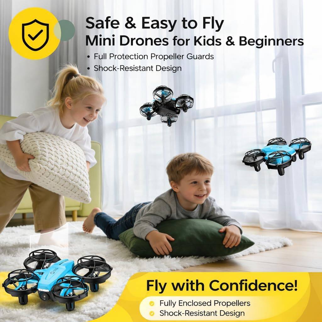 Safe & Easy to Fly Mini Drones for Kids & Beginners  
- Full Protection Propeller Guards  
- Shock-Resistant Design  

Fly with Confidence!  
- Fully Enclosed Propellers  
- Shock-Resistant Design